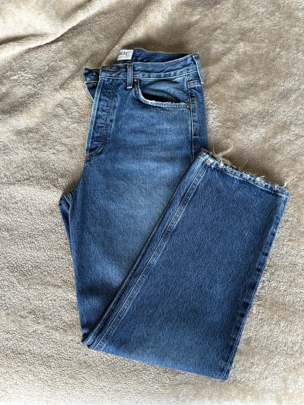 Agolde High-Rise Raw Hem Straight Jeans in Dark Blue